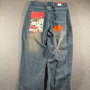 JNCO Jeans Wide Leg Baggy Pant Mens 2XL (32x29) Blue Embroidered Graphic 90s